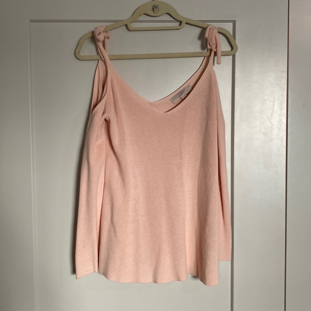 Loft sweater, M, lt pink, cold shoulder w/ bows